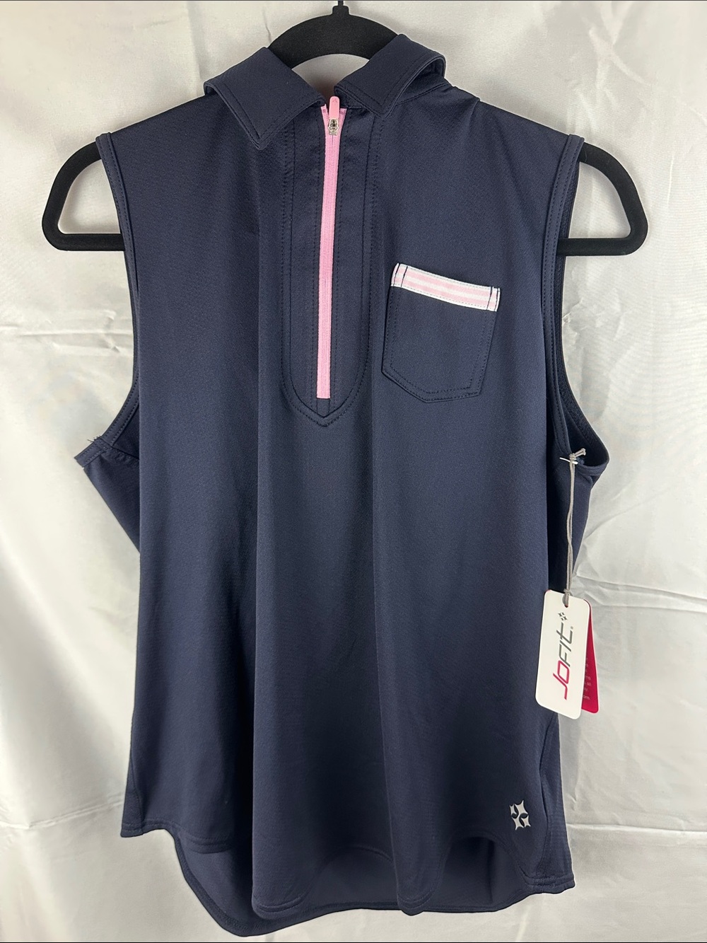 Jofit Navy Sleeveless Pocket Polo with Pink Trim